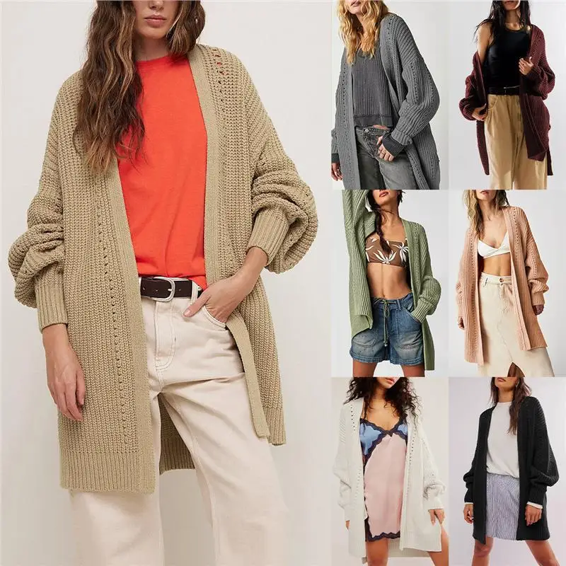 

Loose Knitted Cardigan Coat with kets for Women Autumn Winter Thi Long Sve Pure Color Lantern Sve PU Material