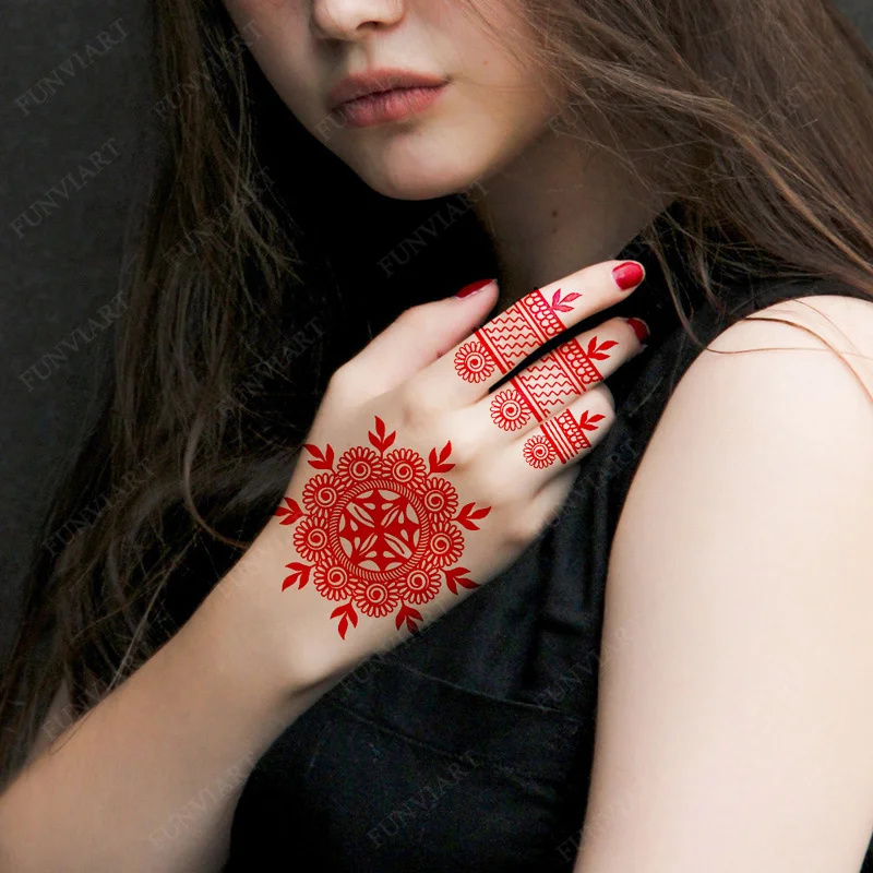 New Design Red Henna Tattoo Stickers for Hand Foot Flower Temporary Tattoos for Woomen Wedding Party Fake Tattoo Waterproof