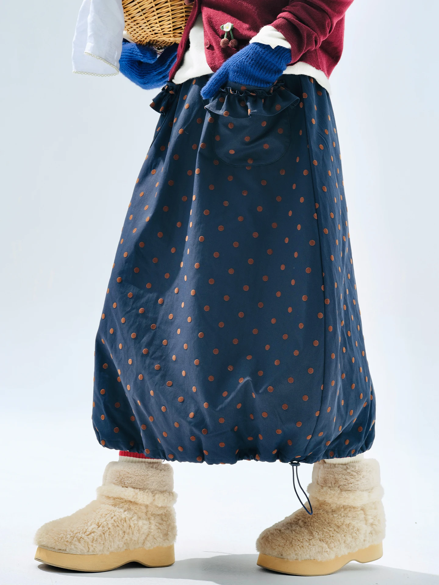 

Blue A-Line Vintage Polka Dot Cotton Skirt | imakokoni 2025 Winter - Commuting Casual All-Match Warm Midi Skirt 255282