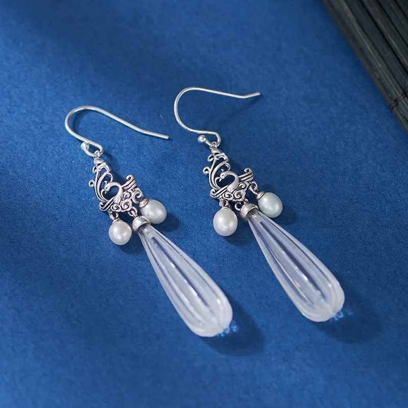 S925 Sterling Silver Charms Drop Earrings for Women New Hollow Phoenix Tassel White Crystal Pearl Ear Drop Jewelry