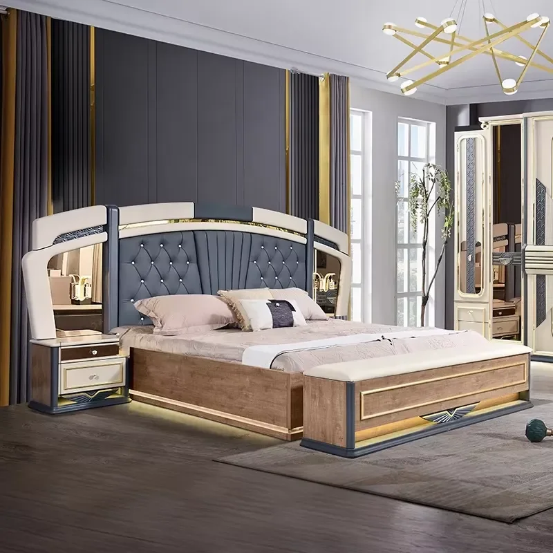 Modern Queen Size Wood Frame Bed Set Deluxe Double Bedroom Furniture for Family Room Sturdy Minimalist Design