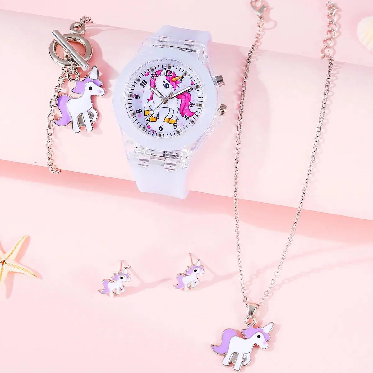 5Pcs Ladies Little Fresh Jelly Unicorn Middle And High School Designer Silica Gel Band Quartz Watch Purple Unicorn Jewelry Set