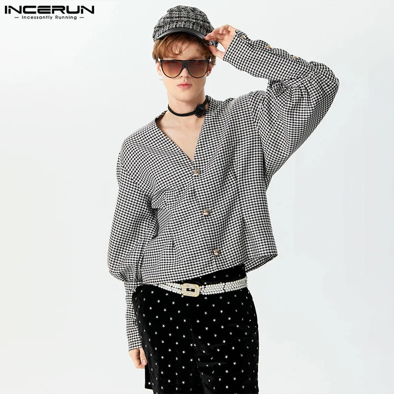 2024 Men\'s Plaid Shirt V Neck Lantern Long Sleeve Casual Men Clothing Streetwear Fashion Leisure Unisex Crop Tops S-5XL INCERUN