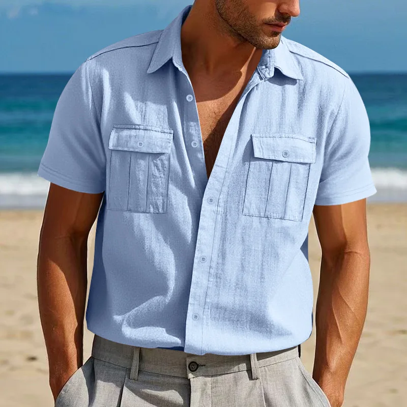 قميص صيفي للرجال من الكتان بأكمام قصيرة وجيب مزدوج على طراز ملابس العمل قميص غير رسمي يسمح بمرور الهواء من القطن والكتان لقضاء العطلات على الشاطئ #2