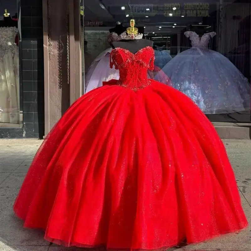 

Real Red Princess Quinceanera Dresses 2025 Bow Flowers Ball Gown Sweet 16 Dress Beading Vestidos De 15 Anos Quinceañera Pageant