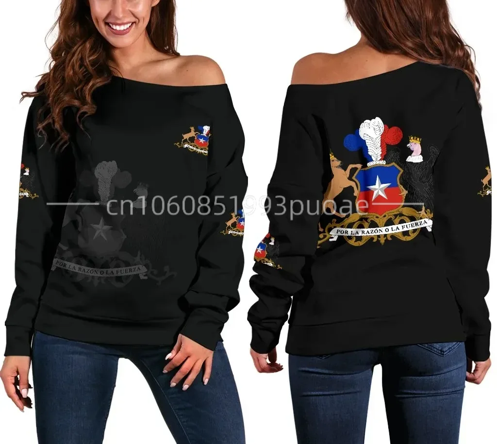 

New Spring and Autumn Chile Women's Sweater Flag of Chile Off Shoulder Sweater 3D Print Casual Fashion Street Pullover Hoodie