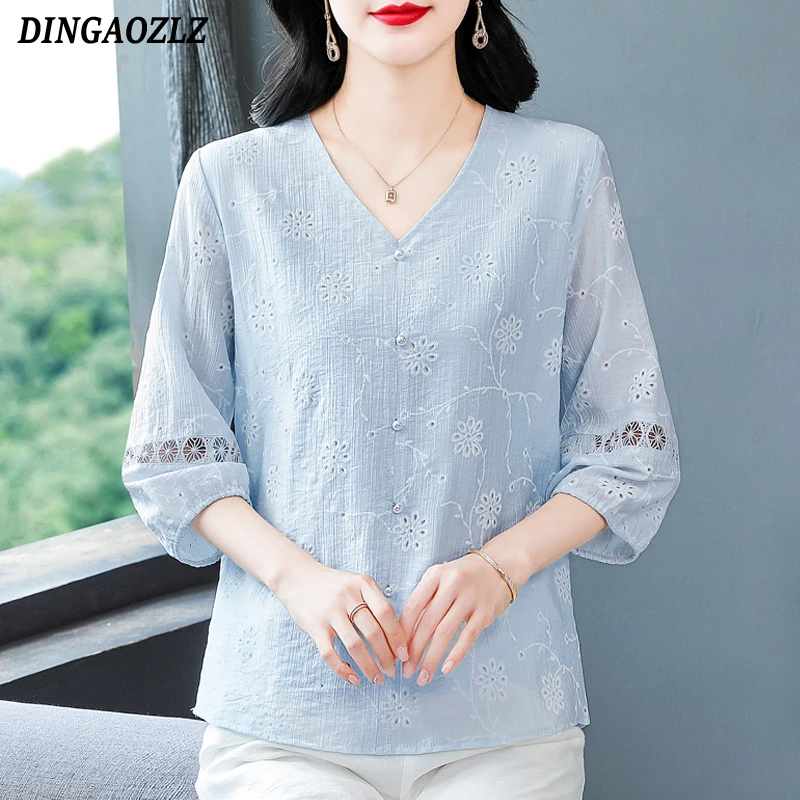 

2025 Spring Summer Embroidered Blouse 3/4 Sleeve Loose Casual Shirt V Neck Hollow Out Women Tops