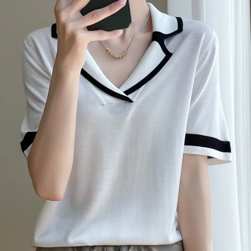 Summer Black Suit Collar Shirt Women's Fashion Short-Sleeve Retro Stitching Knitted Thin Casual Bottoming Top European Trend