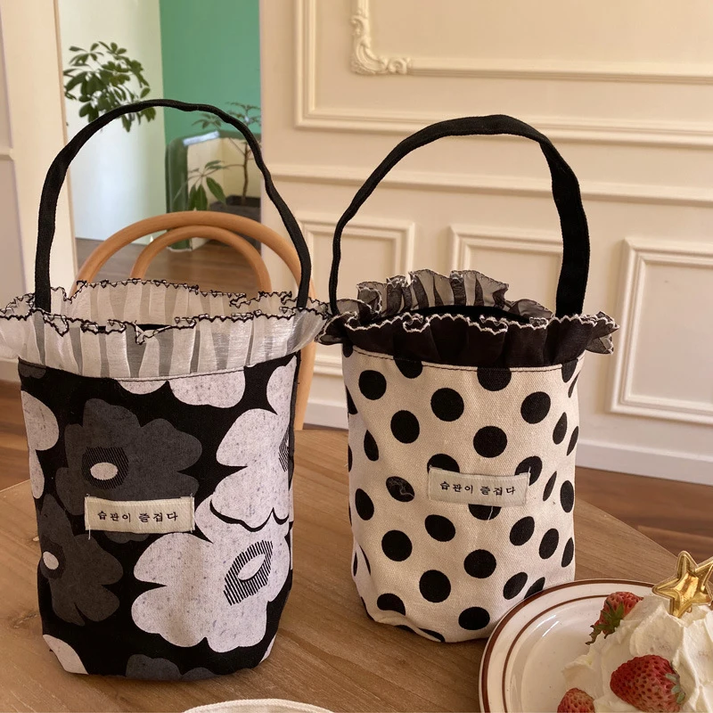 Korean Style Lace Canvas Handbag Cute Sweet Temperament Bucket Bags Portable Outing Picnic Bag For Women Girls Student Lunch Bag