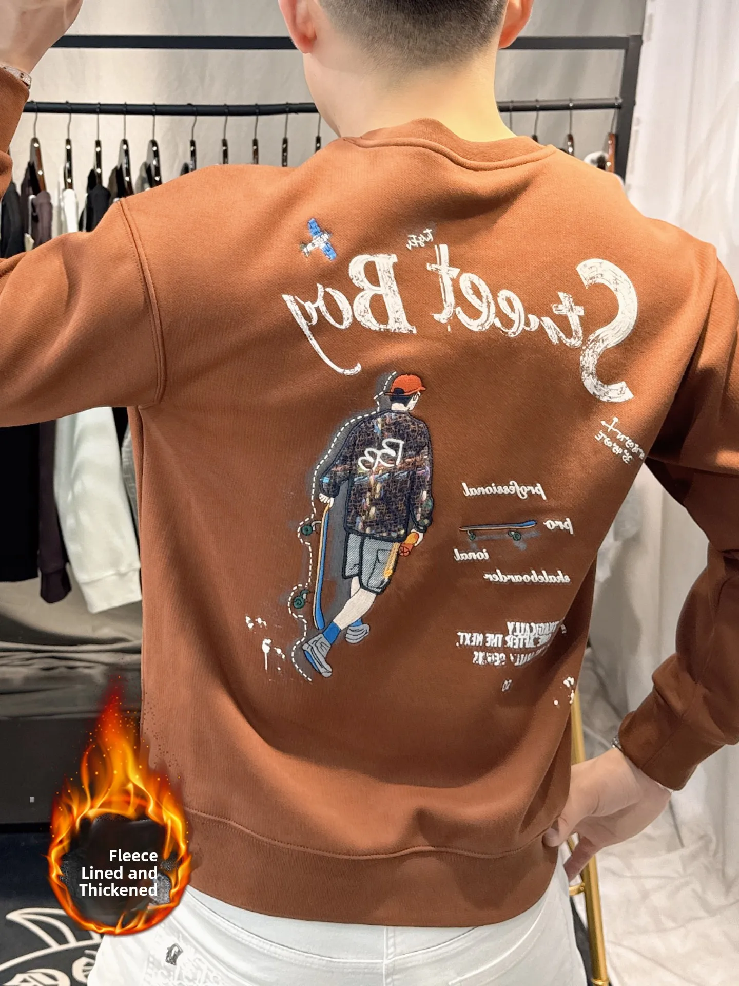 

Мужской премиум-свитшот с вышивкой, мультяшным рисунком, на флисовой подкладке, утепленный, с круглым вырезом, модный, с длинными рукавами, удобный базовый топ