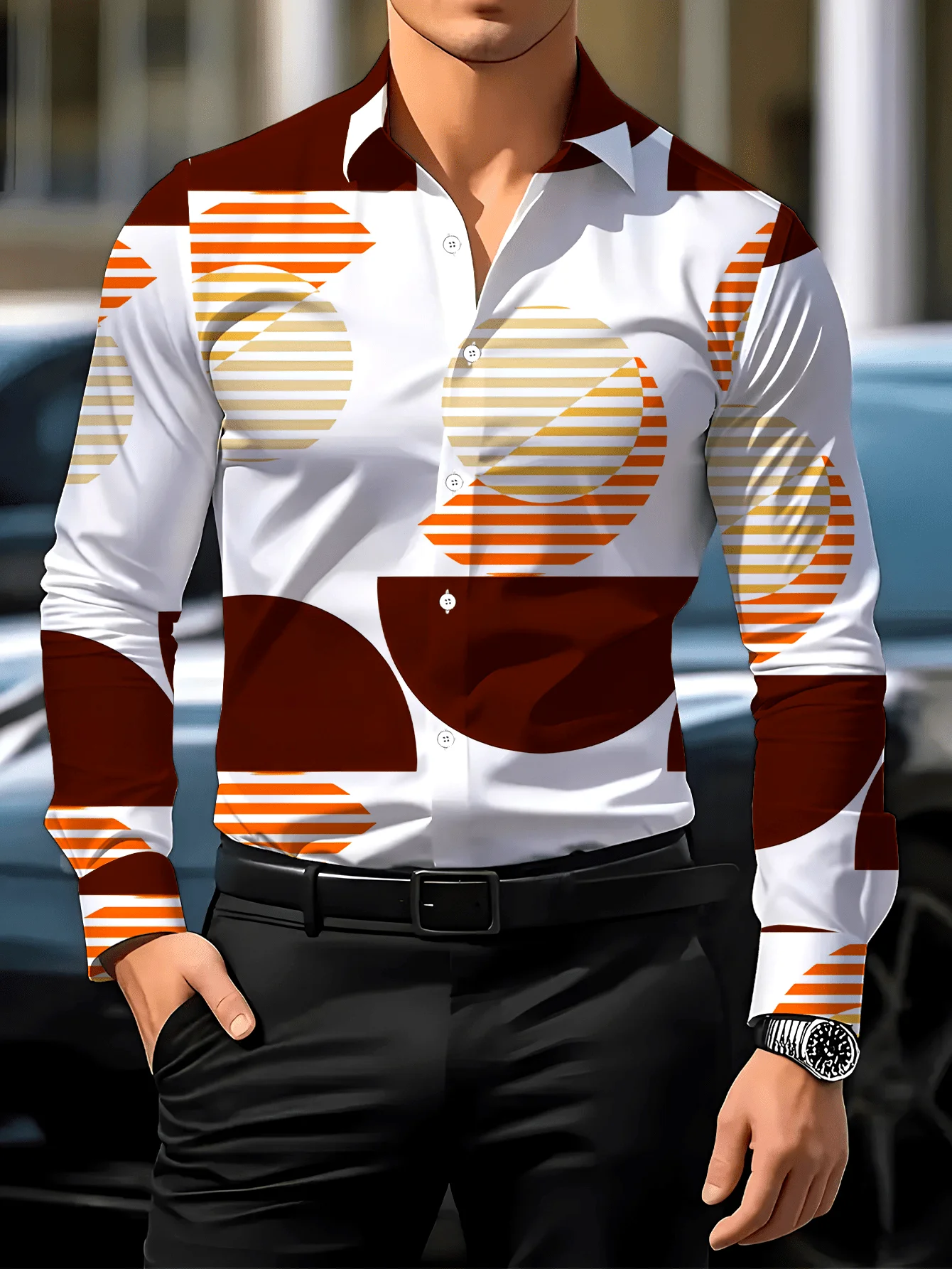 Modern Style Men Lapel Collar Shirt White Base Vintage Round Block Wave Stripe Print Polyester Long-Sleeve Blouse