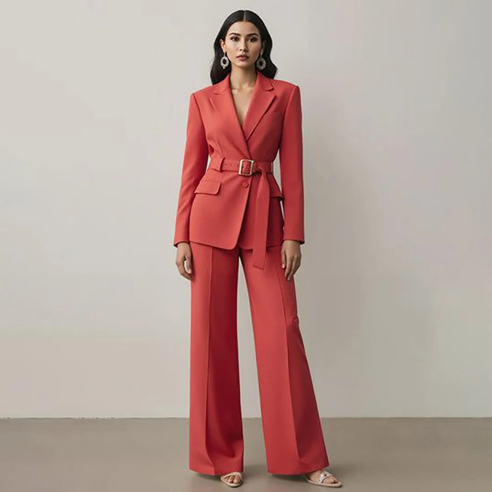 

Элегантные женские брючные костюмы класса люкс: комплект из 2 предметов (пиджак и брюки) с поясом, однобортный, для офиса, деловой стиль