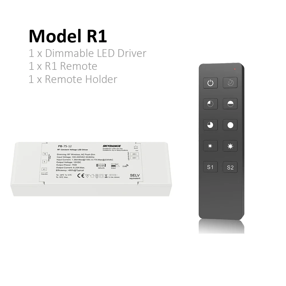 12 V 24 V 75 W LED Driver Dimbare LED Dimmen Skydance Push Dimmer 12 volt Constante Spanning 2.4G RF Afstandsbediening Driver RT1 R11 - afbeelding 1