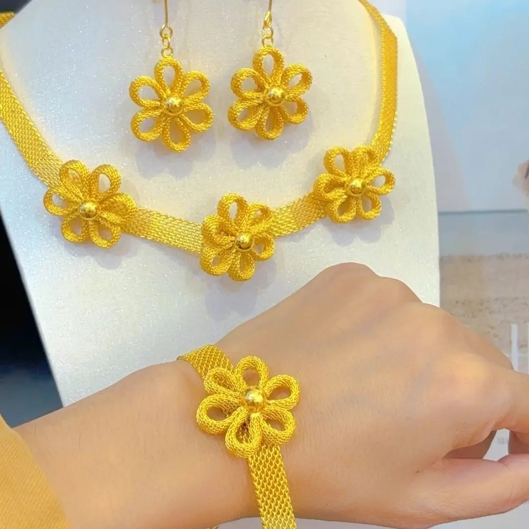 

Новое немецкое 24-каратное позолоченное ожерелье, серьги, браслет, комплект свадебных украшений в качестве праздничного подарка для женщин YY10833