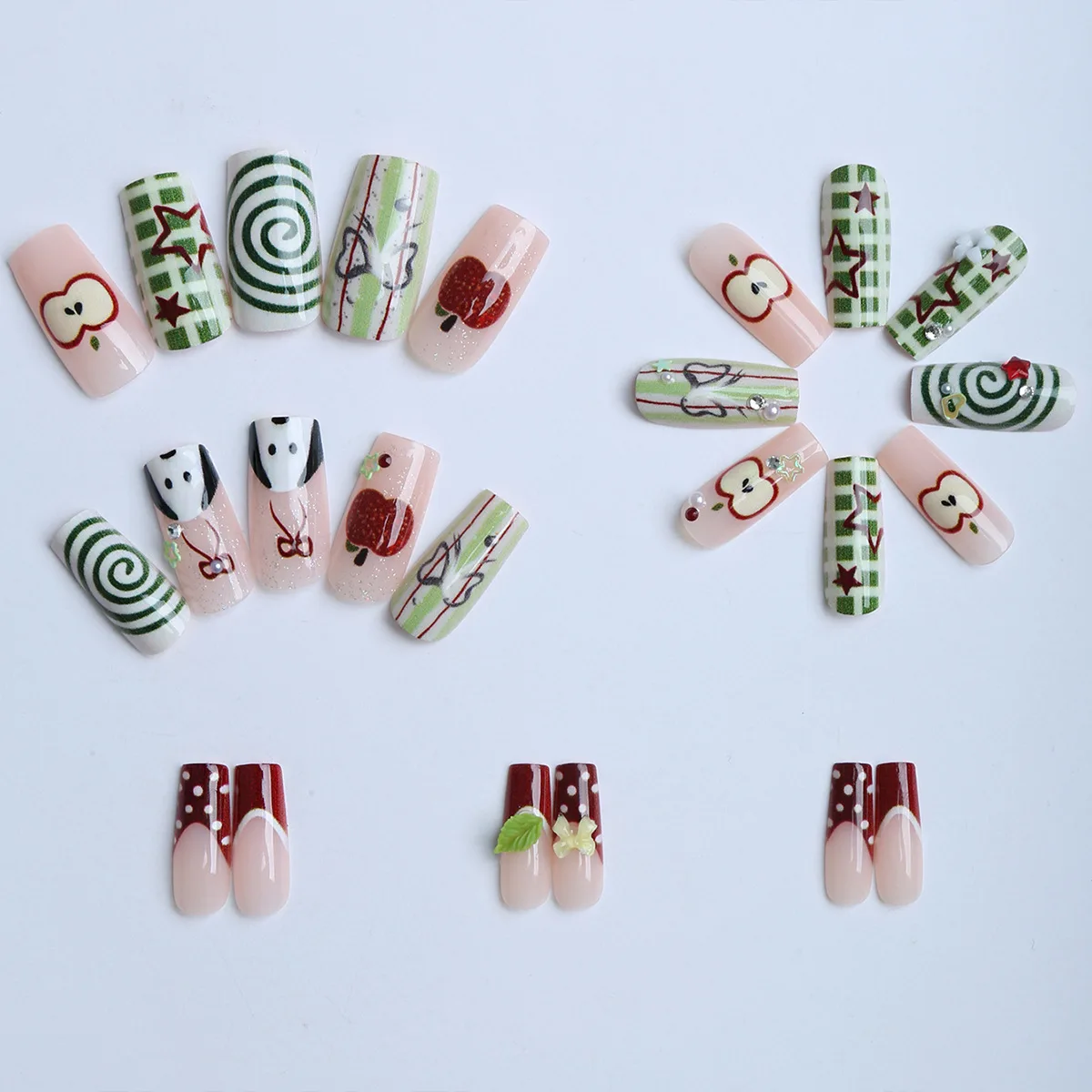 24pcs Y2k Gradient Green Fake Nails Cute Cartoon Apples Bowknot Flower Design Press On Nails Long Coffin French Style False Nail