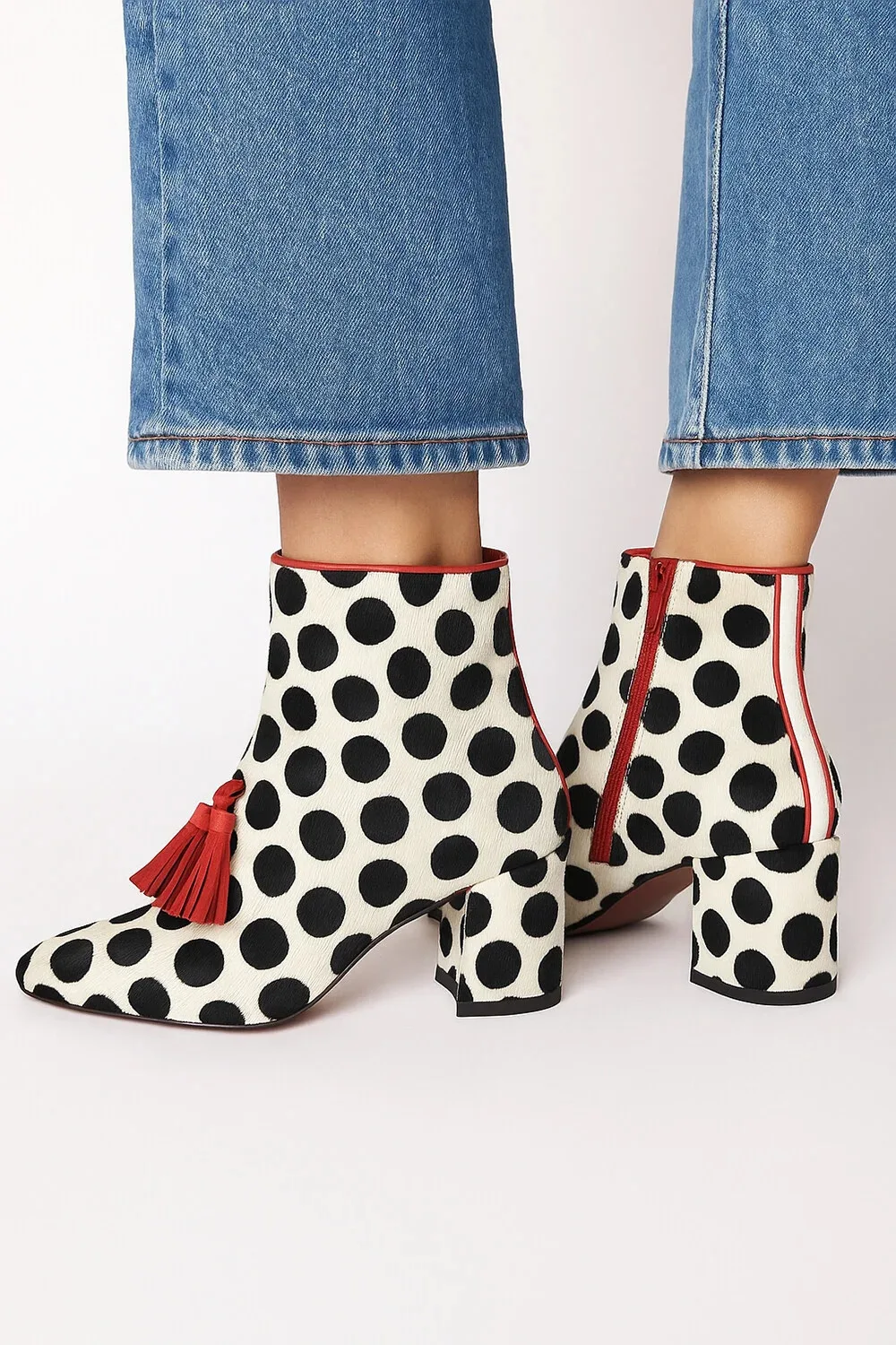 Polka Dot Pattern Tassel  Pointed Toe Chunky Heel Women's Ankle Boots 2025 New Fashion Boots Shoes image 2