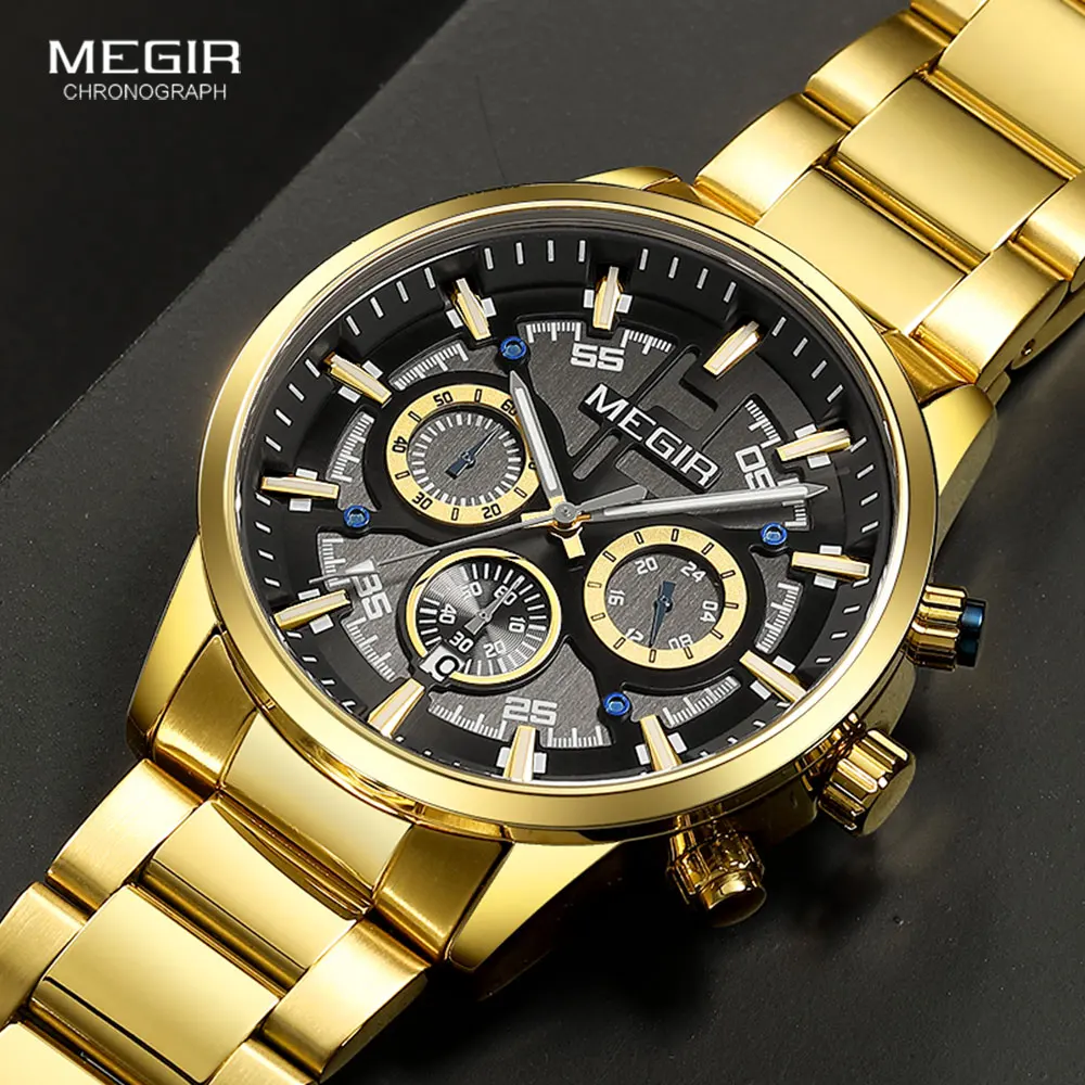 

MEGIR Gold Dress Watch for Men Stainless Steel Strap Luminous Hands Waterproof Sport Wristwatch with Chronograph Date 24-hour