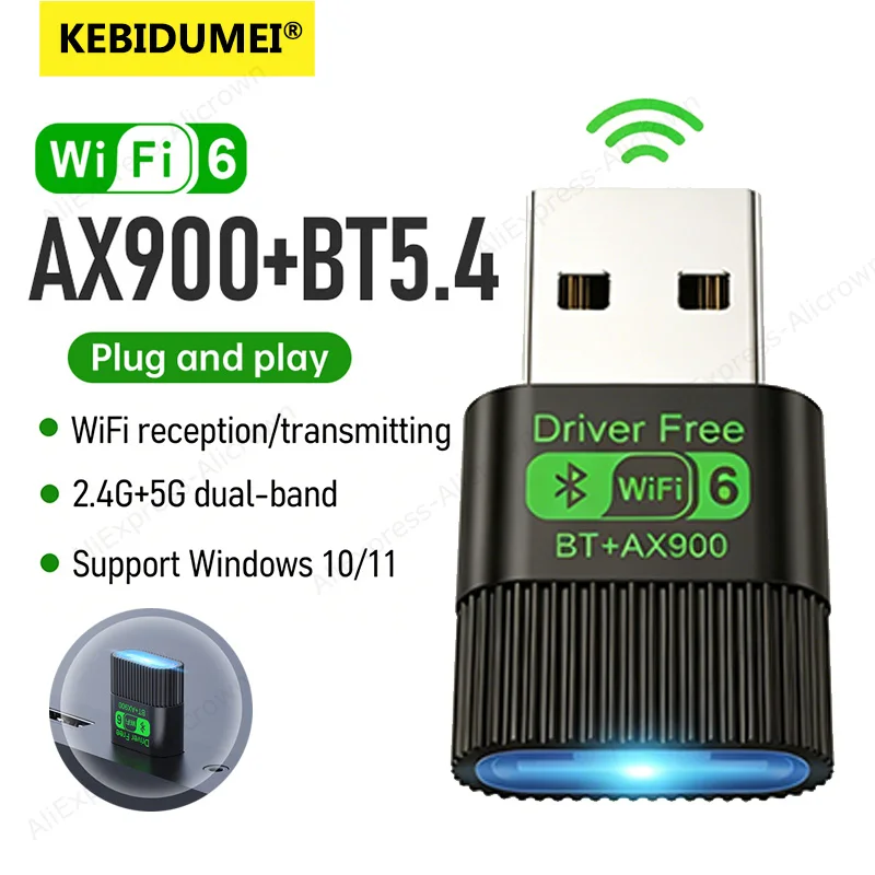 KEBIDUMEI 2IN1 WIFI6 AX900 USB WiFi Network Card Bluetooth 5.4 Wireless Adapter Dual Band 2.4/5GHz 900Mbps Receiver For Win10/11