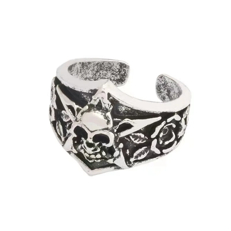Retro Gothic Skull Ring For Men Boys Male Vintage Engraving Pentagram Rose Flower Metal Punk Rings Cool Jewelry Gifts Anillos