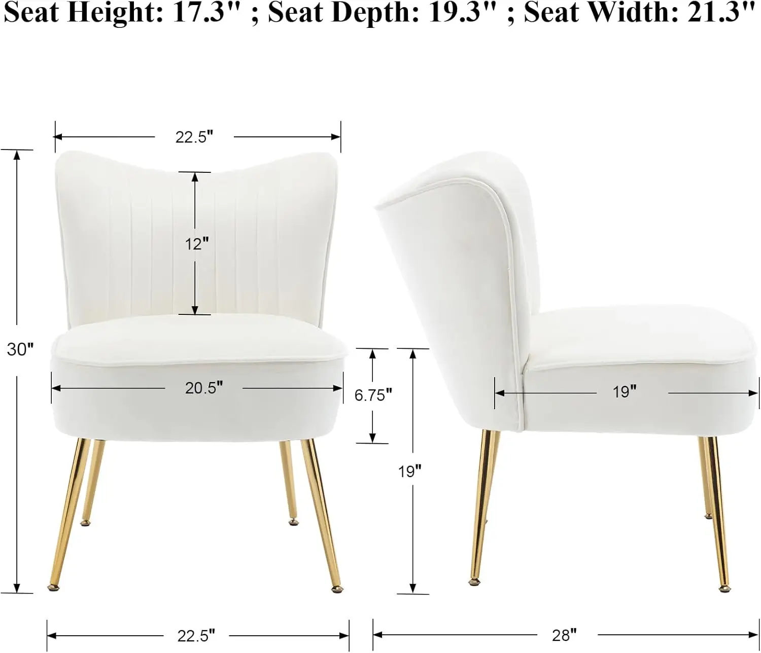 DUOMAY Modern Accent Chair Set of 2, White Velvet Slipper Chair with Gold Legs Wingback Side Chair for Living Room Bedroom