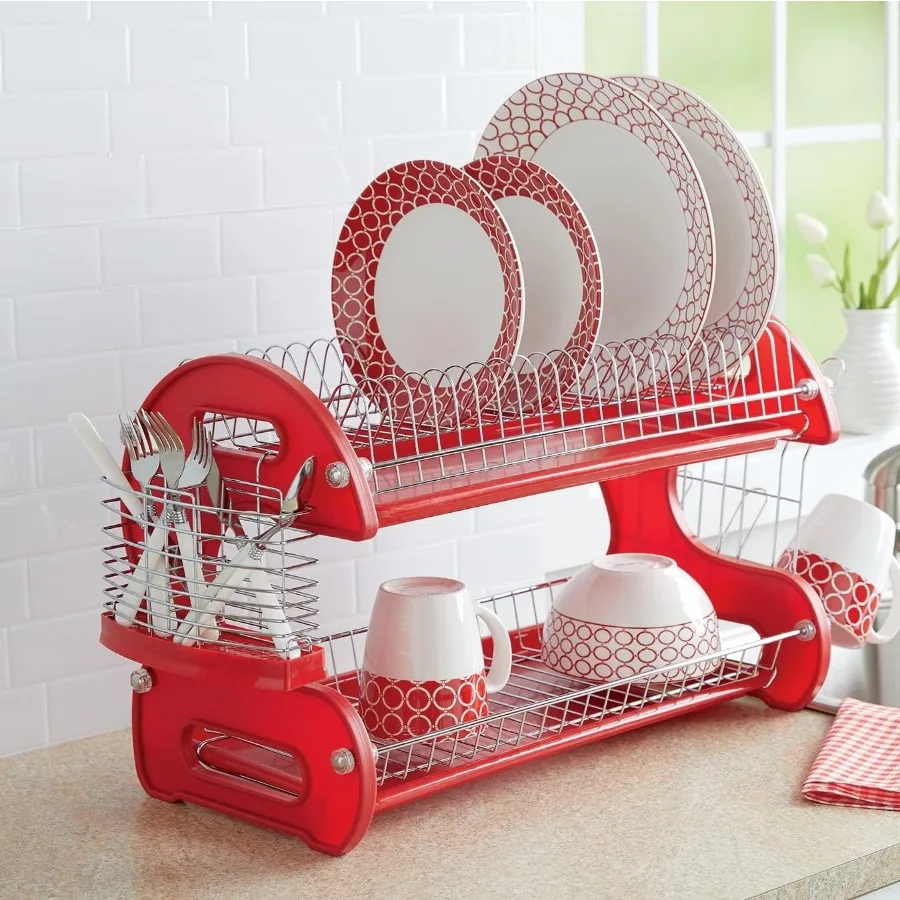 

Retro 2Tier Dish Rack SpaceSaving Design Durable Plastic and ChromePlated Wire Easy Assembly Delicious Red