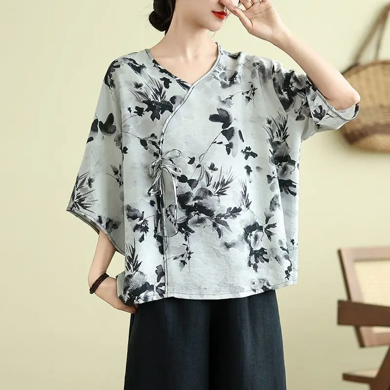 الشيفون النمط الصيني الجديد الياقة المائلة المائية طباعة قميص الصيف خمر فضفاض