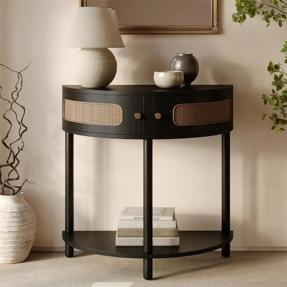 

Entryway Table Rattan Half-Moon Console - Semicircular Black Oak & Natural Cane with Brass Knobs - Console Table with Storage &