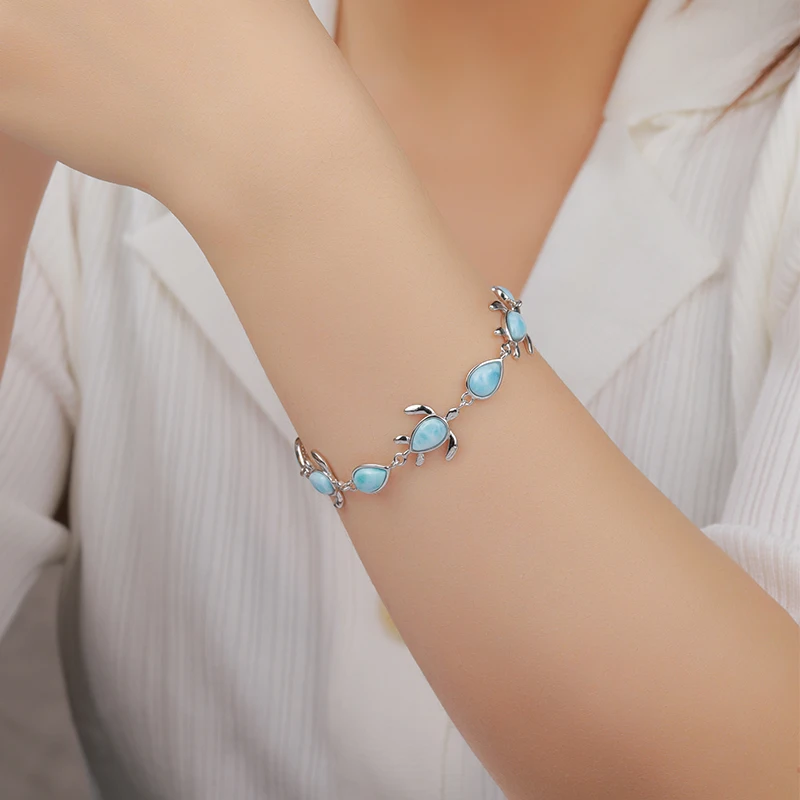 XYOP 925 Silver Gift Turtle Pear Shaped Natural Larimar Bracelet,The Girl Next Door Is Clean And Calm