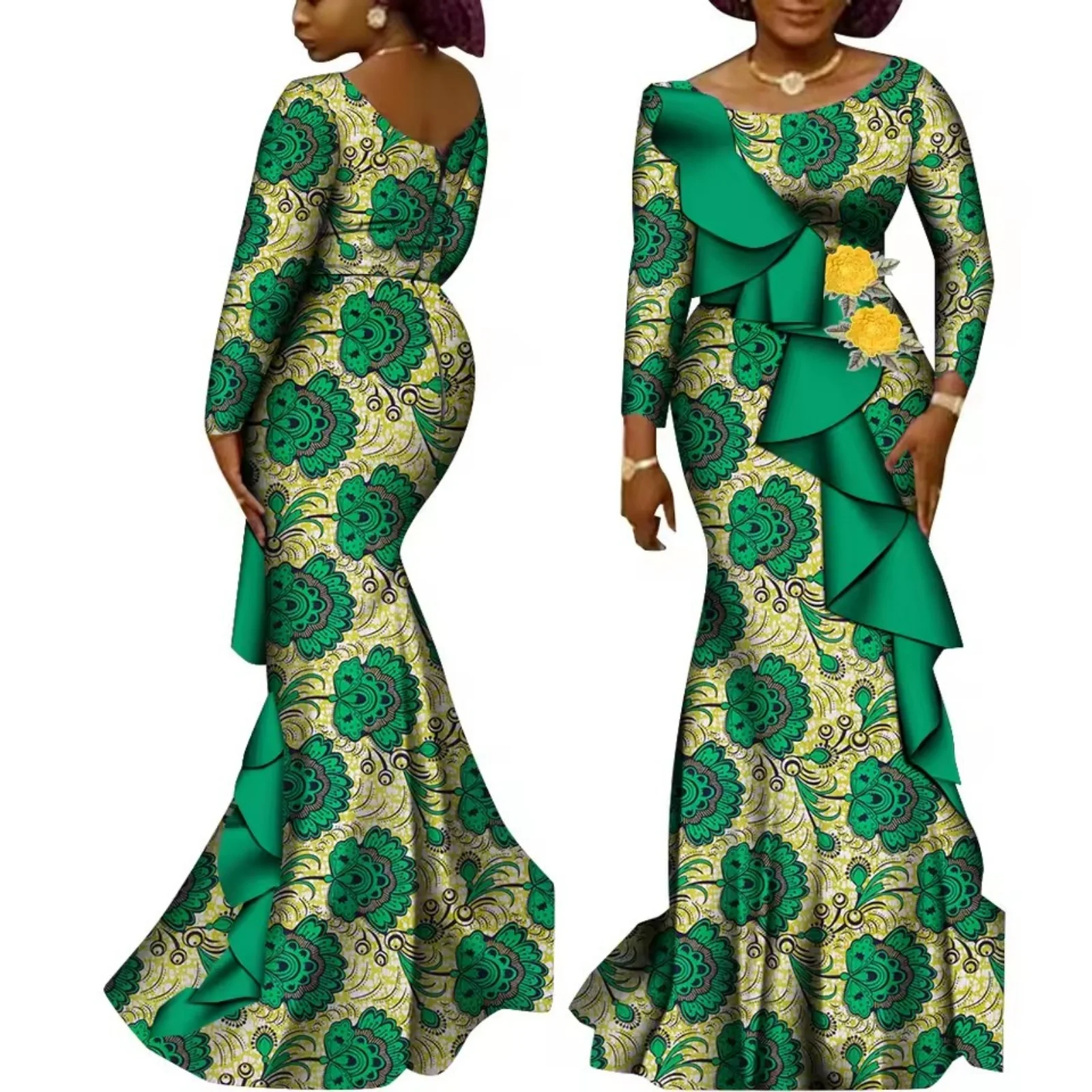 Women's Long Sleeve African Dress Cotton Ankara Print Wedding Wear Lady Dashiki Party African Clothing