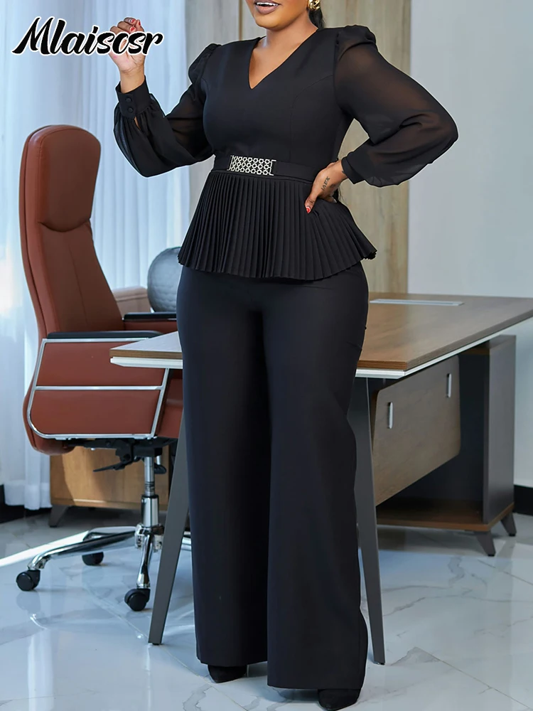 Mlaiscsr Elegant Long Sleeve V-neck Pleated Belt Top and Wide Leg Pant Matching 2 Piece Sets African Women Office Lady Outfits