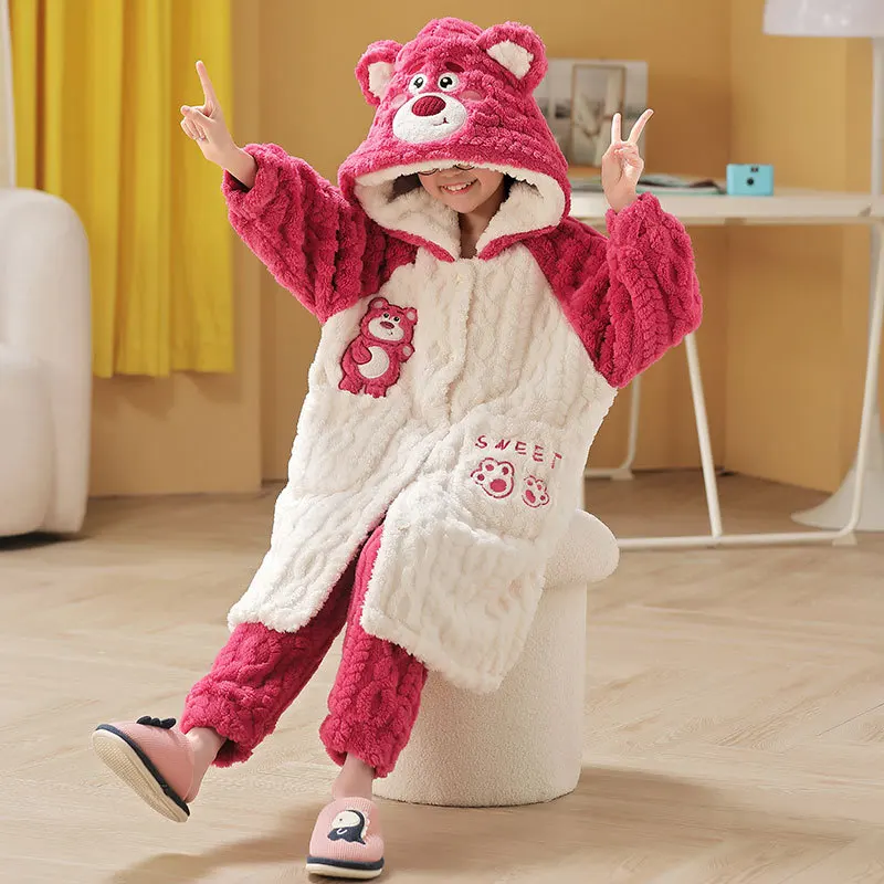 غرزة 2 قطعة Kawaii الوالدين والطفل المخملية منامة Kawaii الكرتون أنيمي الفتيات الفتيان التطريز رشاقته الدافئة عادية لطيف Homewear مجموعة