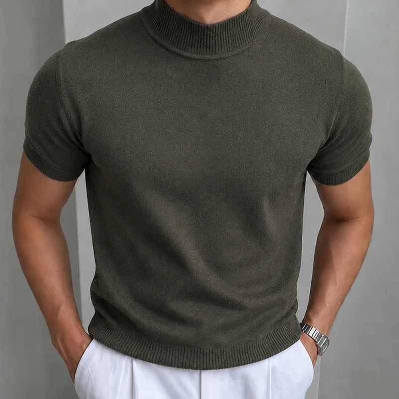 Herren Casual Einfaches Strick-T-Shirt Halbhoher Kragen Weicher Komfort Modisch Einfarbiges Strick-Kurzarm-T-Shirt Mock Neck Pullover – Detail 20