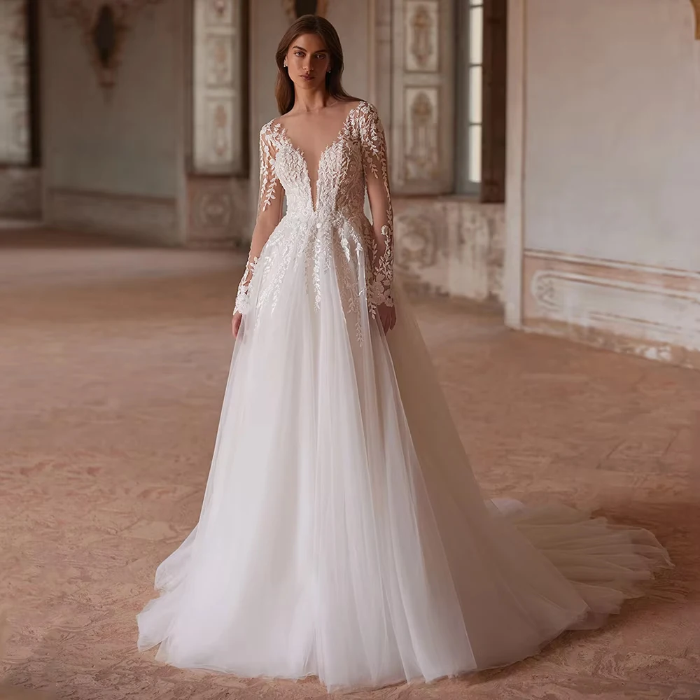 Wedding Dresses for Bride V Neck Long Sleeves Sequined Lace Appliques Sweep Train Bridal Gown Robe Mariee 2026 New