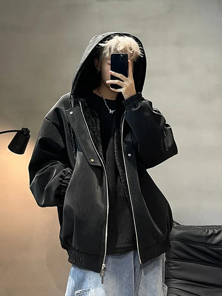 

Retro American Sle Men's Leather Jaet Thiened Fce Warm Cotton Coat Winter Outerwear Casual Cleanfit Zipper Closure