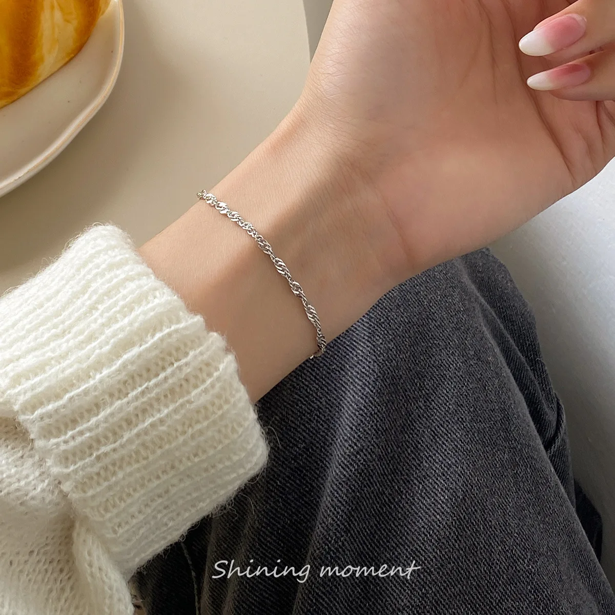 19cm 925 Silver Bracelet For Women Water Ripple Bracelet Silver 925 Jewelry Fashion Bean Bracelets Female Girls Gift Simplicity