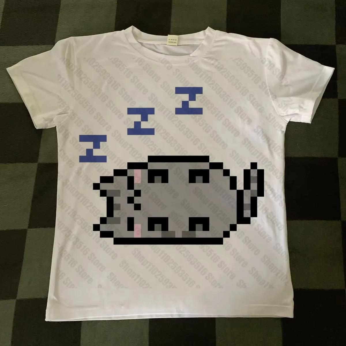 2026 Cute Pixel Sleepy Cat Zzz Graphic Polyester T-shirt Simple Animal Print Unisex White Short Sleeve Casual Daily Tee