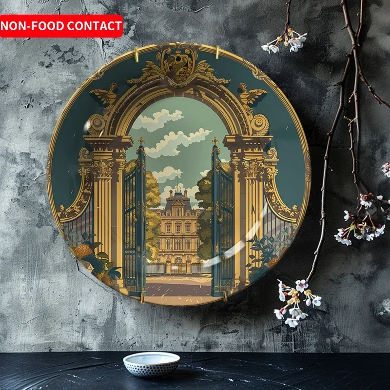 1pc European Ceramic Wall Plate - Round Ornate European Building with European Landmark or Facade Patterns, Non-Food Contact