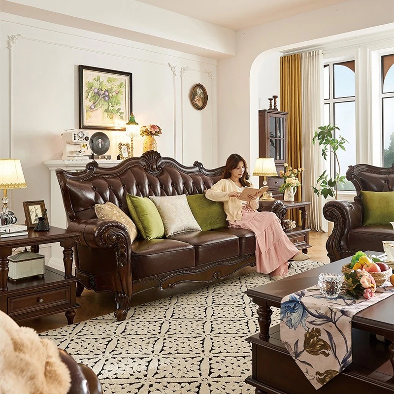 American country retro solid wood leather sofa first layer cowhide 123 combination simple beautiful living room villa four