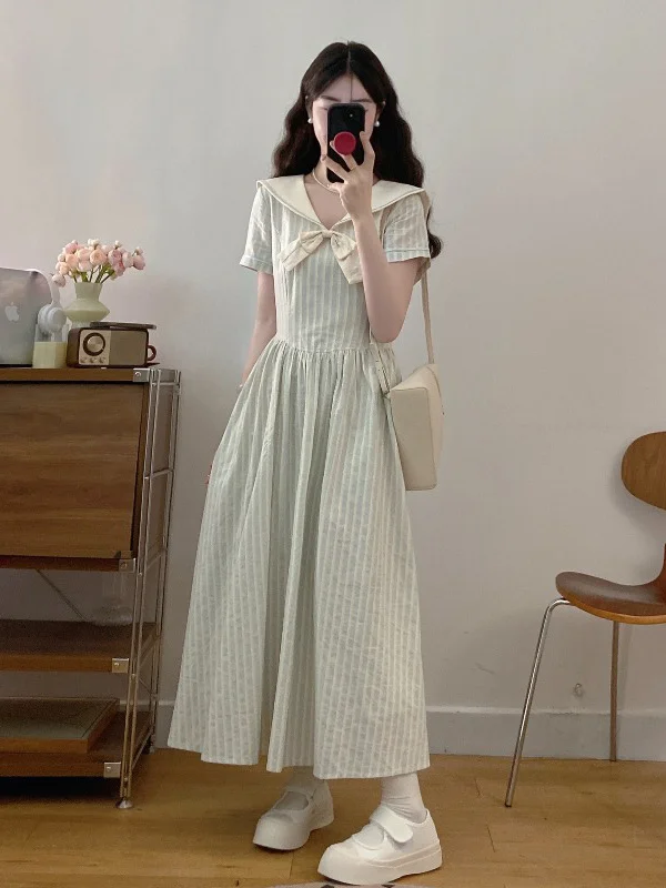 

Navy Collar Striped Dress Style Shoulder Length A-Line Summer New Arrival plus Size Women's High Waist Midi Dress