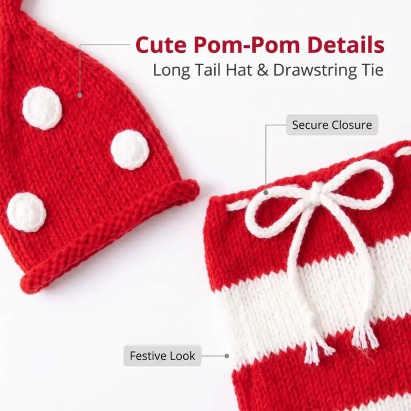 Red and White Newborn Photography Outfit with Pointed Elf Hat, Tie-Top Body Piece and Coordinated Styling for Christmas A2UB