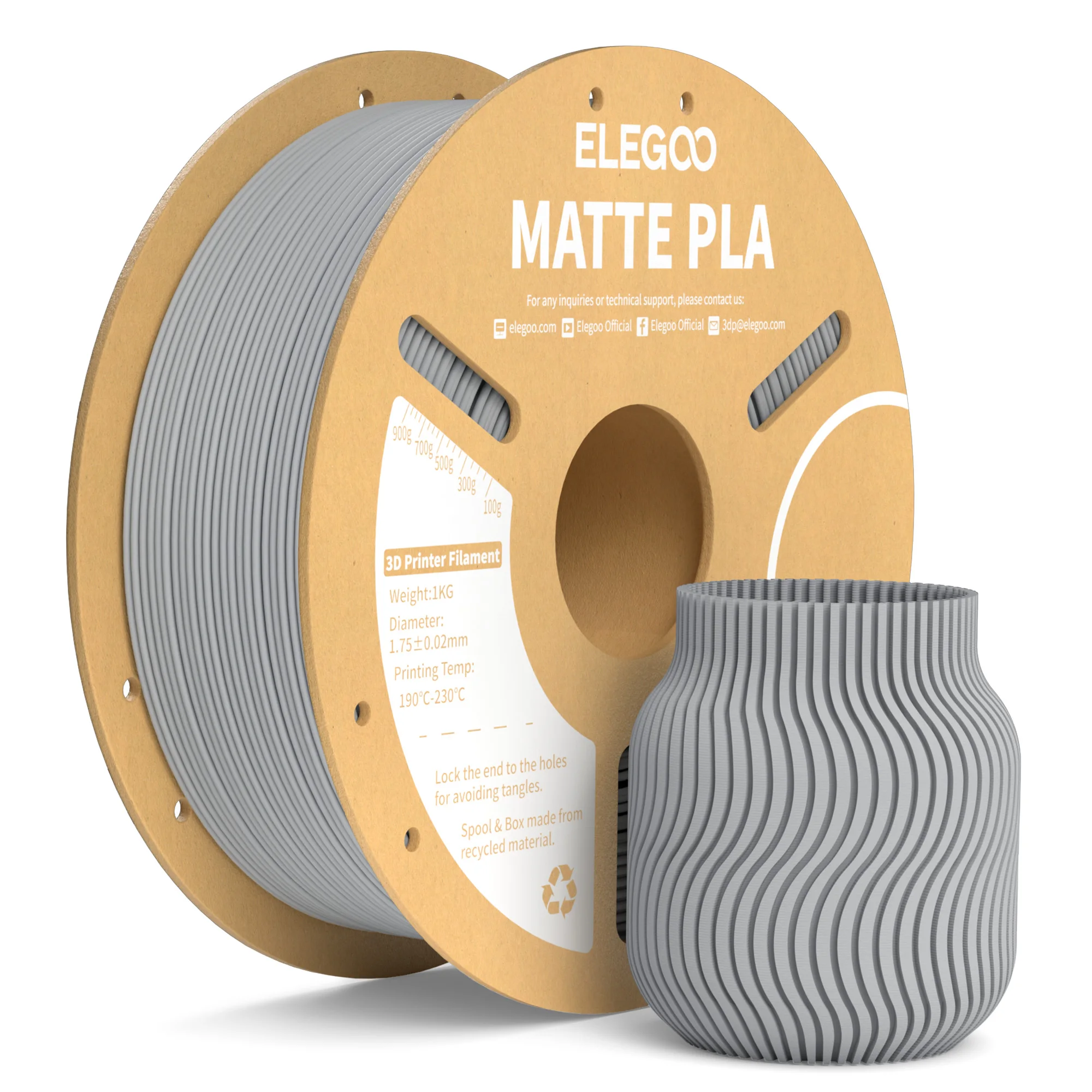 Filamento ELEGOO Matte PLA 1KG, 1.75mm para Impressora 3D FDM, Precisão Dimensional +/- 0.02mm, Bobina de Papelão de 1kg (2.2lbs)