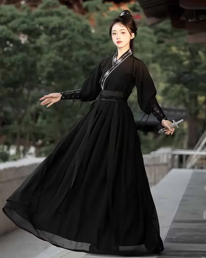 

Autumn Hanfu Costume – Chinese Traditional Black Hanfu Sets for Women Men Unisex – Shirt+Skirt+Bracer+Belt Cosplay