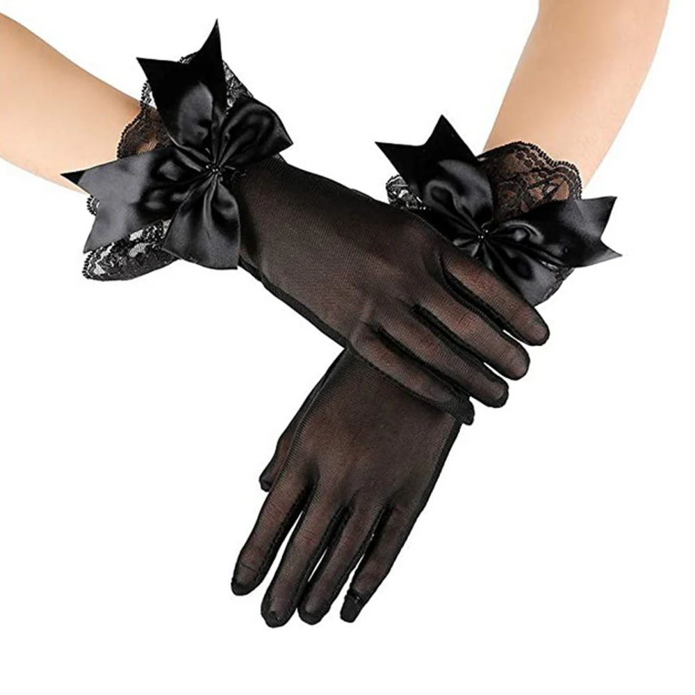 Black White Ladies Parties Cosplay Accessories Wrist Gloves Bride Mittens Lace Gloves Mesh Gloves Large Bownot