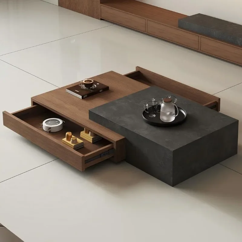 Medieval style retractable travertine modern simple solid wood rock slab coffee table TV cabinet combination small apartment liv