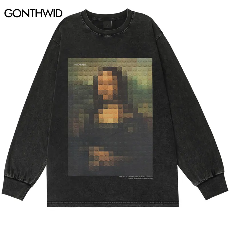 

Vintage Shirts Mona Lisa Mosaic Graphic Printed Oversized Long Sleeve T-Shirt Streetwear Men Hip Hop Harajuku Punk Gothic Tshirt