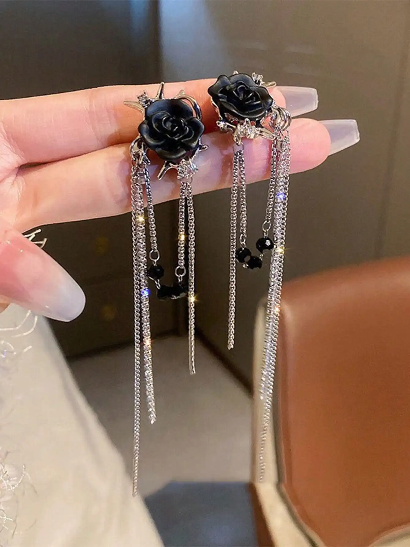 

Black Rose Clip-On Earrings with Crystal Chain Tassels for Women