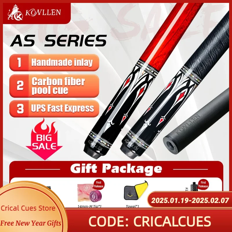 

KONLLEN-AS Pool Cue Stick Carbon Fiber Shaft 12.5mm Tip, 3/8*8 Radial Pin Joint Professional Crazy Cue Inlay Billiards Kit