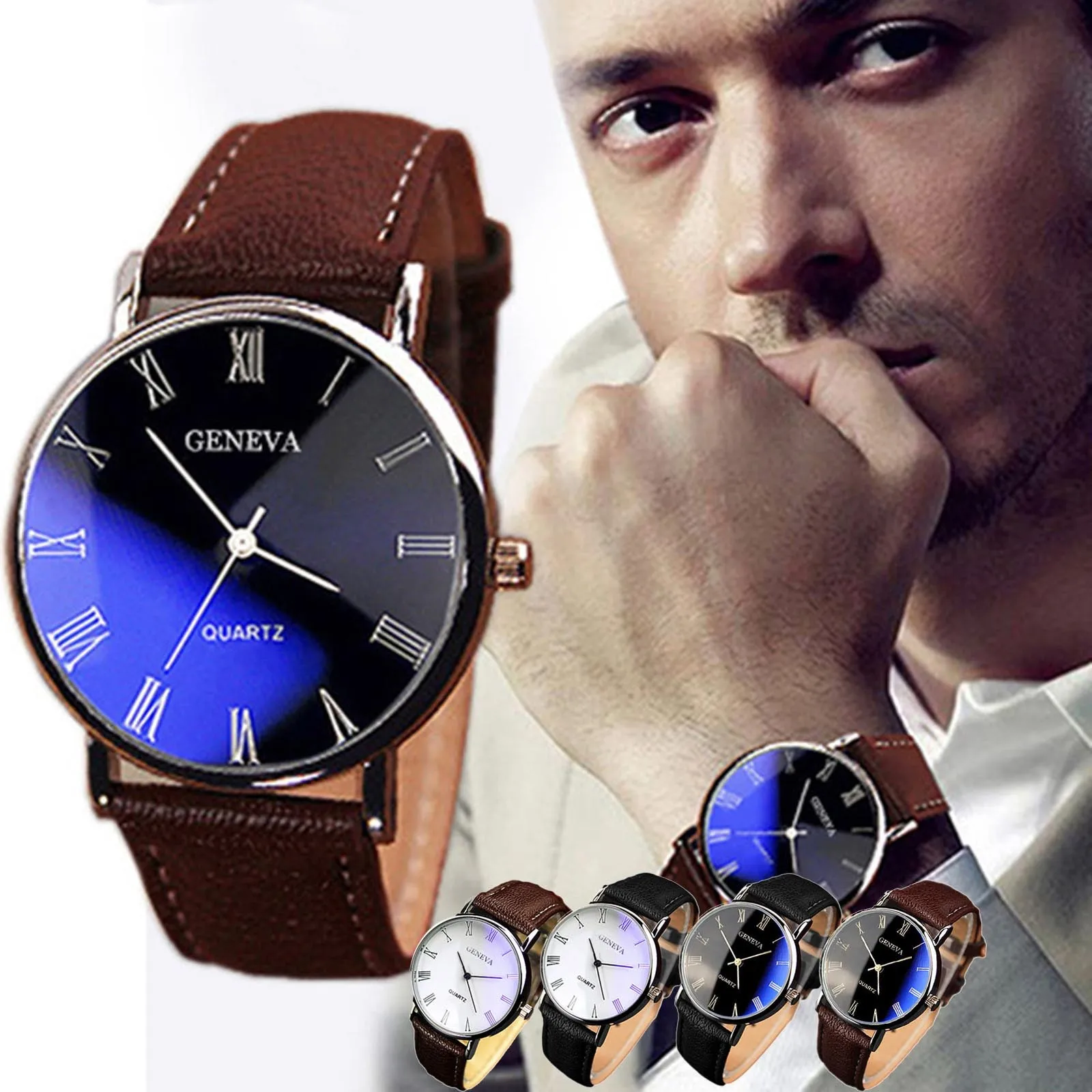 Reloj de pulsera de cuarzo para hombre, reloj deportivo con correa de cuero, informal, de negocios, resistente al agua, esfera Blu-ray Simple a escala Romana
