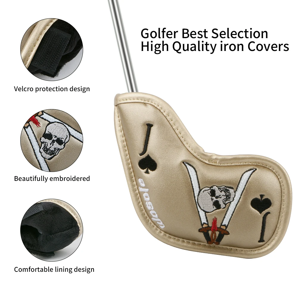 New Arrival PU Leather Cool Fashion Design Gold Color Embroidery Golf Iron Headcover 9 Pcs/Set Golf Club Headcover