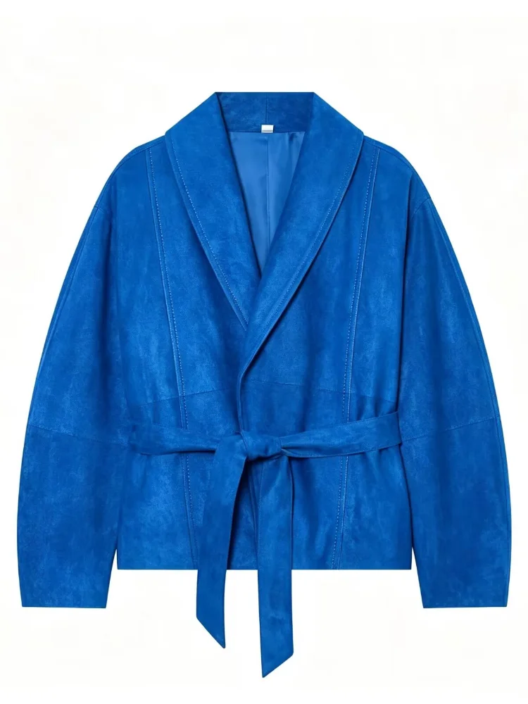Women's Bright Blue Faux Suede Belted Jacket Fashion Lapel Full Sleeve Belted Waist Short Coat 2026 Autumn Lady Casual Outerwear